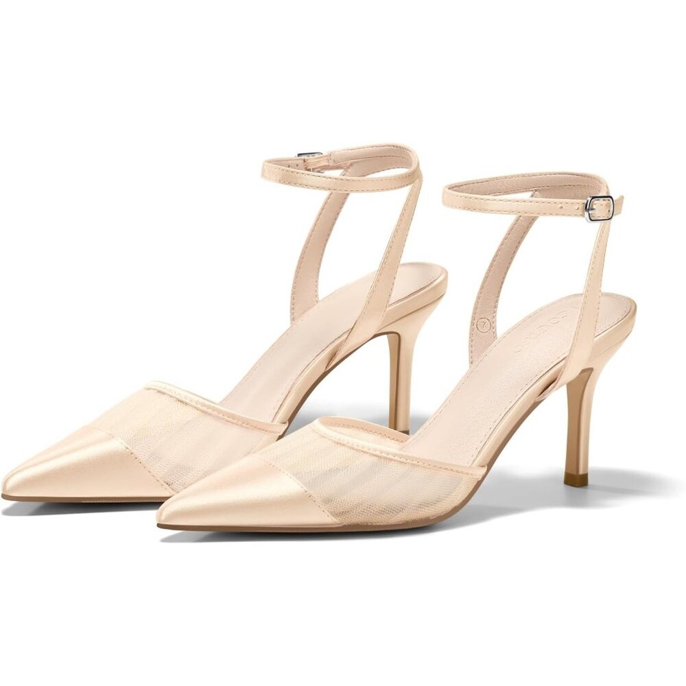 🆕Women's Nude Closed Toe High Heels Mesh Satin Pointed Toe Dress Shoes